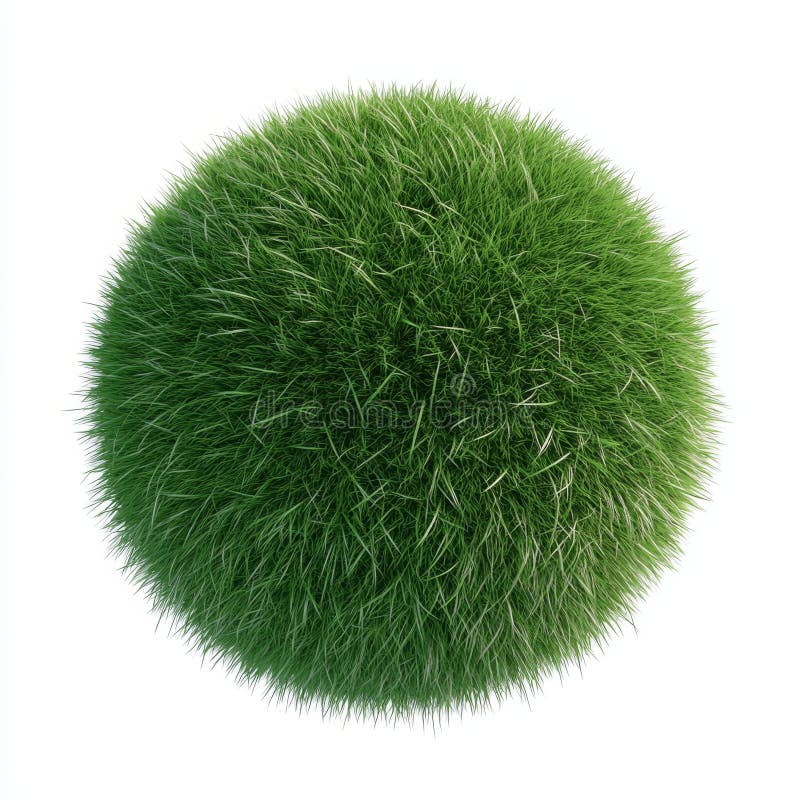 On a white surface, an image of a ball of grass is displayed, and a ball of grass is actually positioned on a white stock image