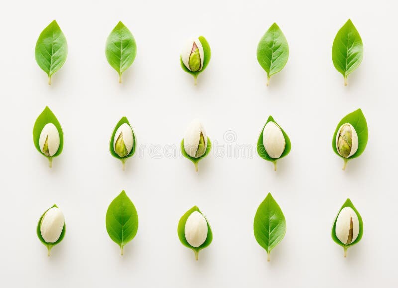 On a white surface, a pile of pistachios is visible in the image, and a pile of pistachios is situated on the white stock photos