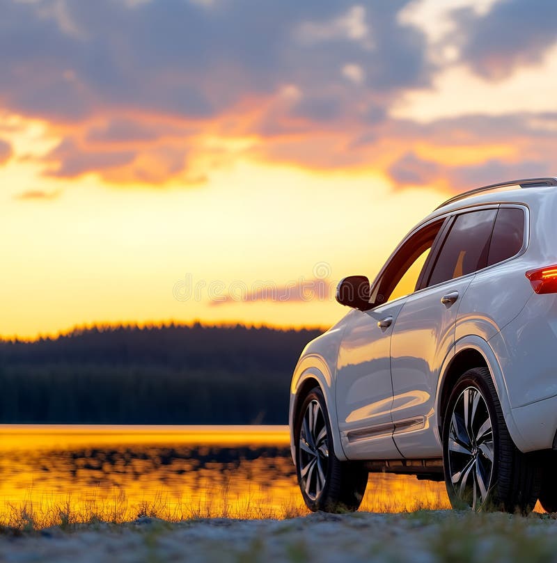 A white suv stands by a calm lake at sunset, enjoying the tranquil evening atmosphere stock photos