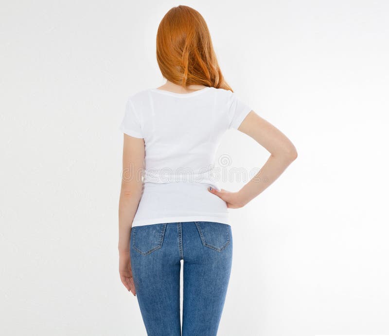 White T-shirt on a Smiling Girl : Back View. Red Hair Woman with Empty ...