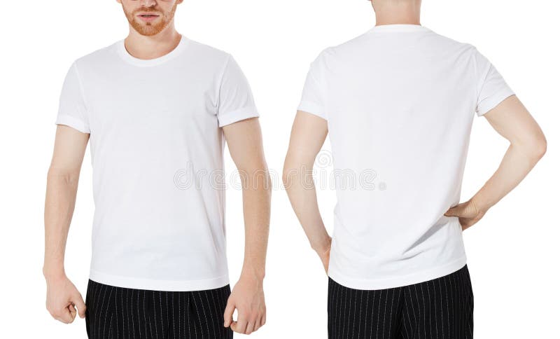 White T Shirt on a Young Man Isolated, Front and Back View Stock