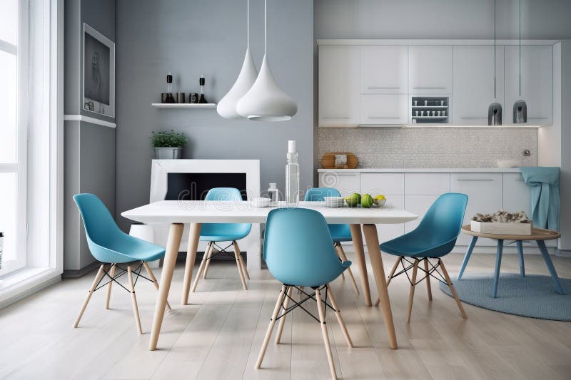 A White Table with Blue Chairs and a White Table with a White Table and