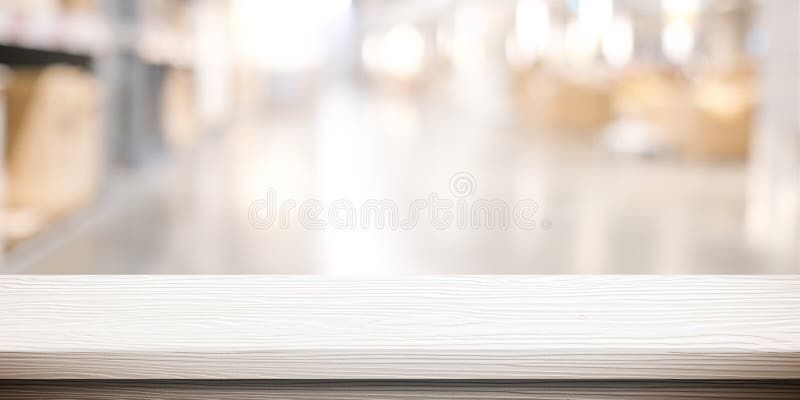 White table presentation, desk and blur background, Empty wood counter, shelf surface over blur restaurant white bokeh background royalty free stock photos