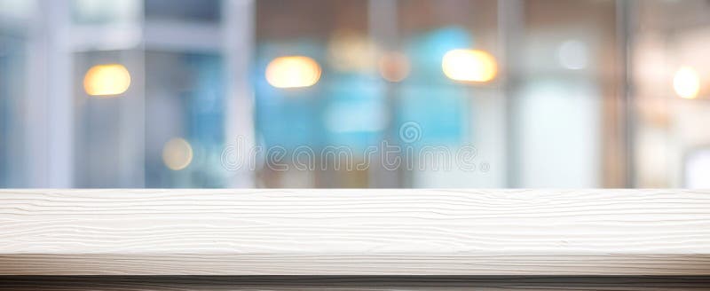 White table presentation, desk and blur background, Empty wood counter, shelf surface over blur restaurant white bokeh background royalty free stock images