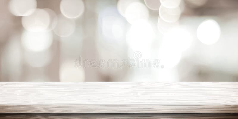 White table presentation, desk and blur background, Empty wood counter, shelf surface over blur restaurant white bokeh background royalty free stock photography