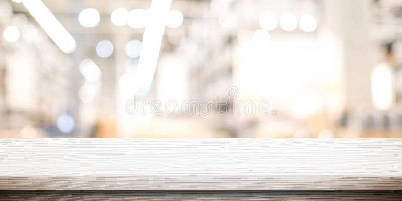 White table presentation, desk and blur background, Empty wood counter, shelf surface over blur restaurant white bokeh background royalty free stock photography