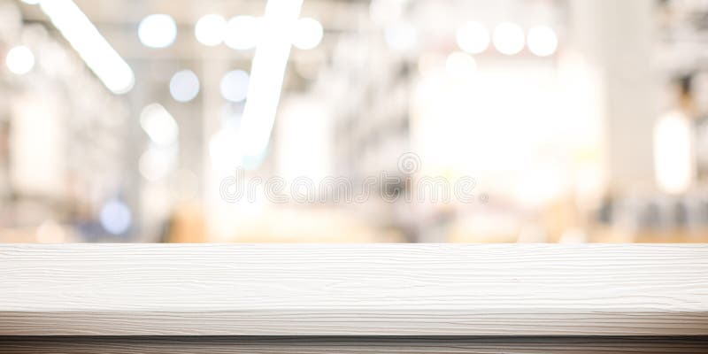 Empty white table top, counter, desk background over blur