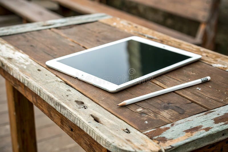 White tablet with pencil placed on a rustic and weathered wooden table vector illustration