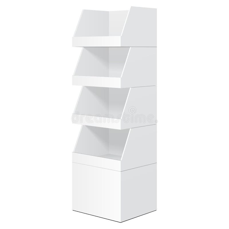 White Tabletop Stand, Cardboard Floor Display Rack For Supermarket Blank Empty Displays Mock Up Isolated.