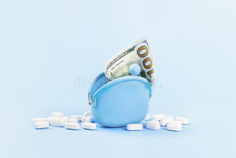 white tablets dollars blue coins purse drugs medicine safety consumption cost medical care insurance coverage concept 178632171