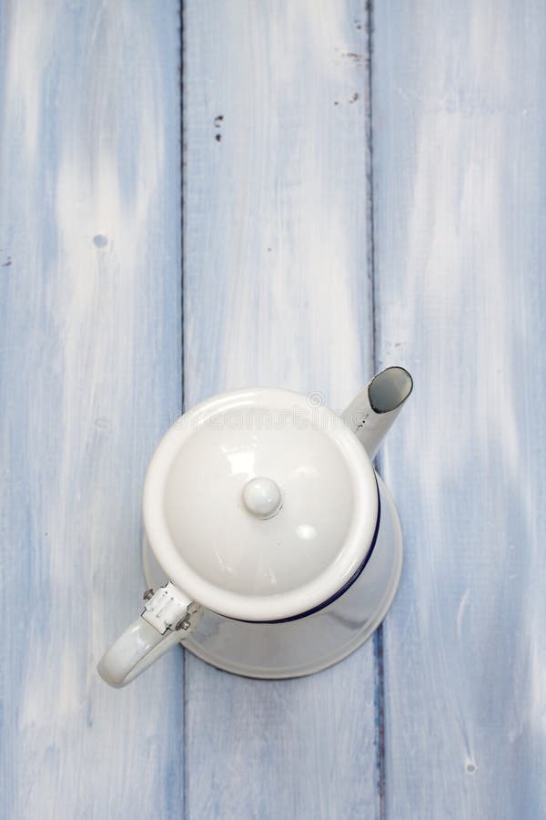 White Tea Pot on Blue Background Stock Photo Image of vintage, metal