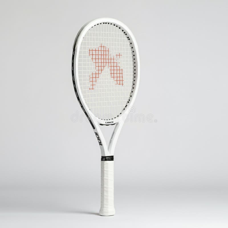 White tennis racket with a slick, modern design. Features a black and gray frame with royalty free illustration