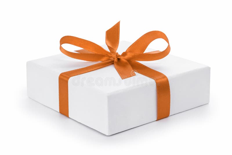 White textured gift box with orange ribbon bow