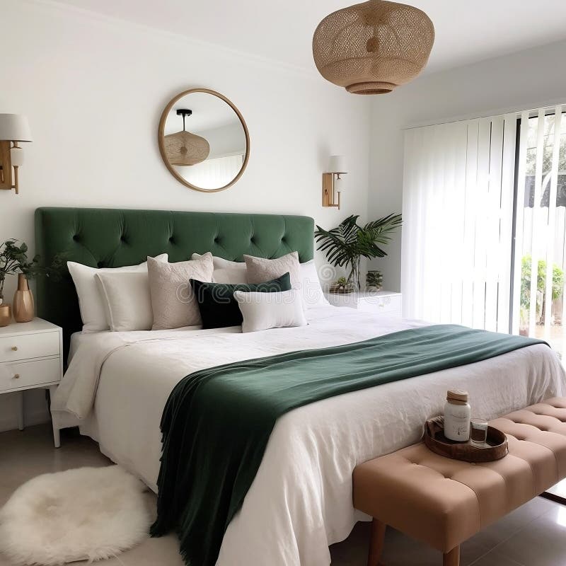 WhiteThemed Bedroom with a Wooden Headboard. Generative AI Stock