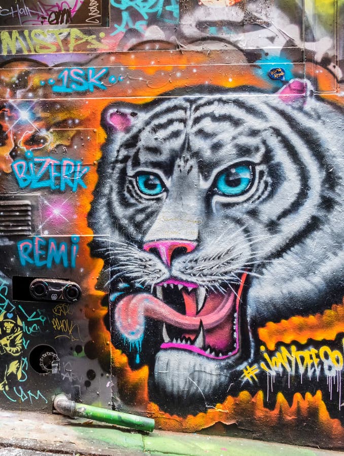 White tiger graffiti in Hosier lane, Melbourne, Australia