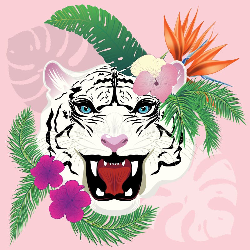 Portrait of Tropical a Male Lion among Roses and Palm Leaves Stock ...