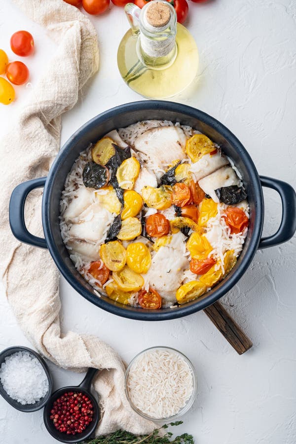 White Tilapia Fish with Basmati Rice and Cherry Tomatoes , on White