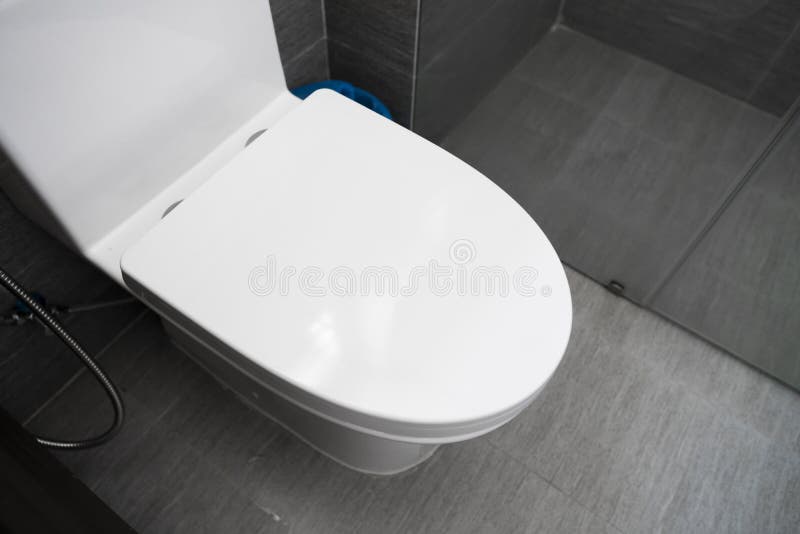 White Toilet Bowl in a Bathroom. Closeup View of a Flushing White