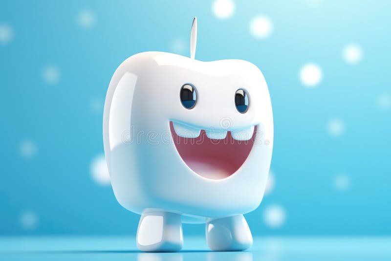 White tooth in the form of a funny robot smiling, light emphasizes the cleanliness of the tooth stock illustration