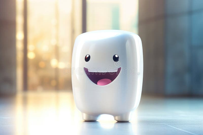 White tooth in the form of a funny robot smiling, light emphasizes the cleanliness of the tooth vector illustration