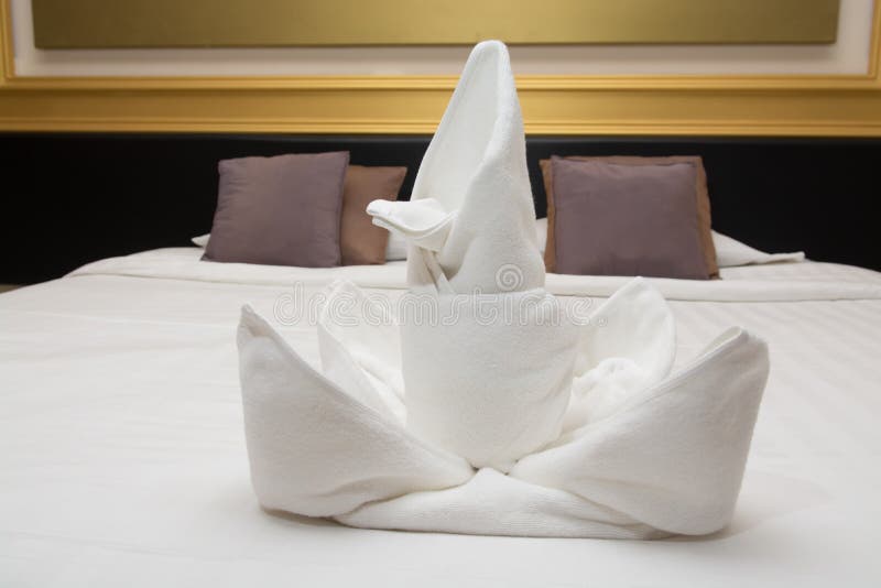 White Towel on Bed Decoration in Bedroom Interior Stock Photo Image