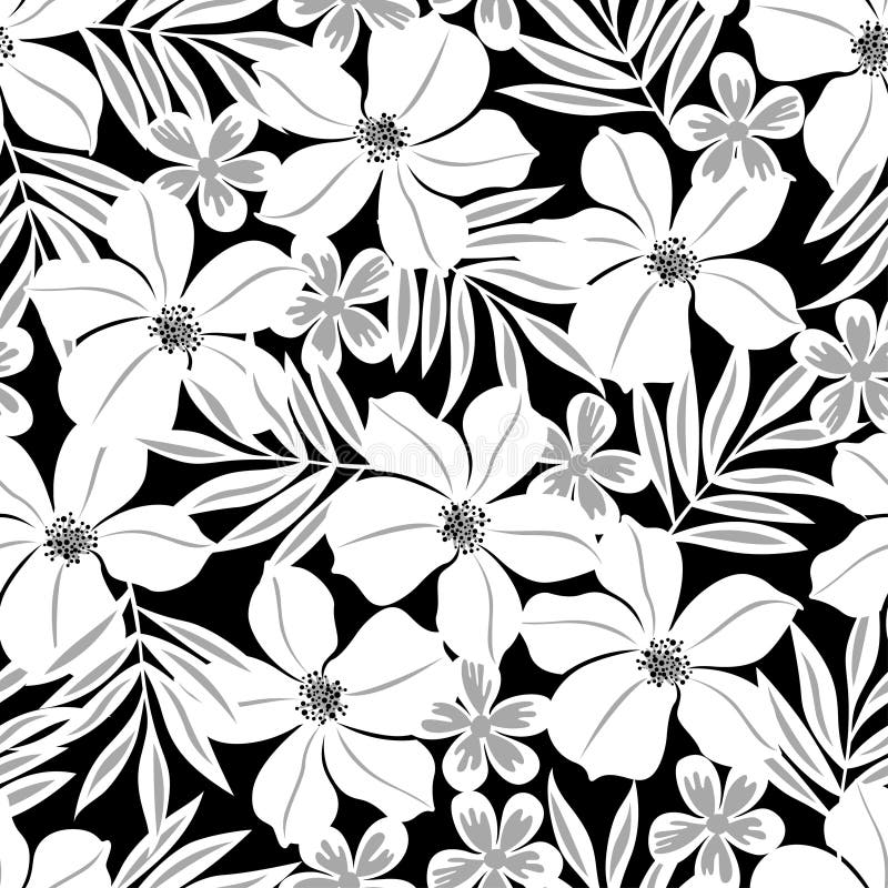 White tropical flower on a black background seamless pattern