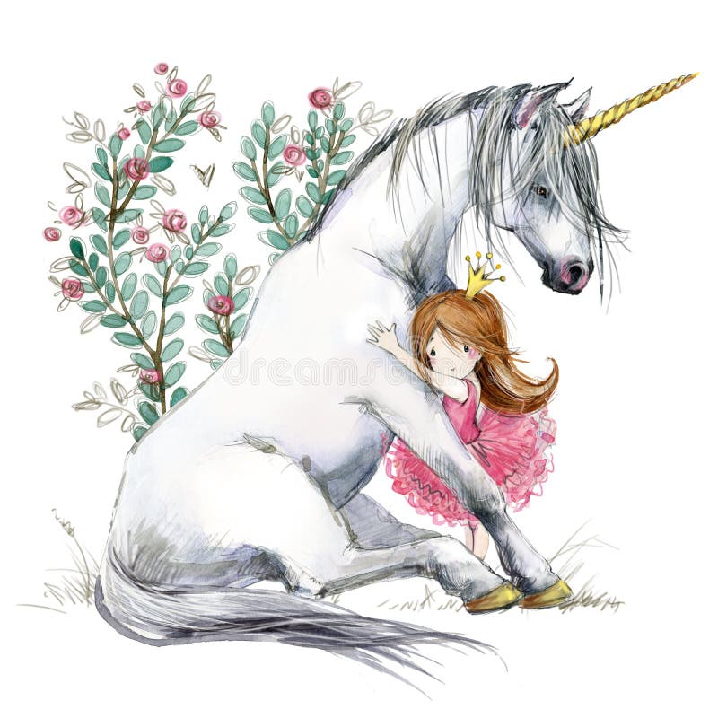 White unicorn and princess watercolor hand drawn illustration. Kids poster