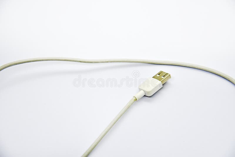 White USB Cable for Charging the Phone on a White Background. White