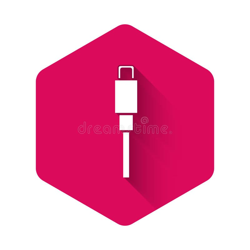 White USB cable cord icon isolated with long shadow background. Connectors and sockets for PC and mobile devices. Pink stock illustration
