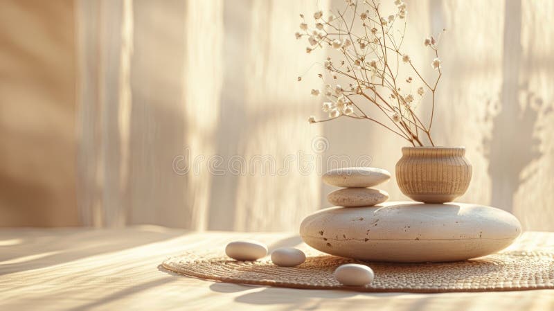 A white vase filled with stones is placed on a table in front of a window, creating a simple yet elegant still life stock image