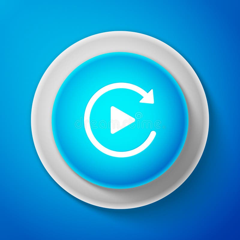 White Video play button like simple replay icon isolated on blue background. Circle blue button with white line vector illustration
