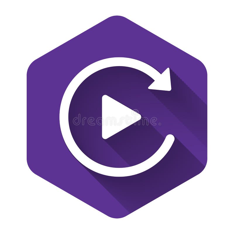 White Video play button like simple replay icon isolated with long shadow. Purple hexagon button vector illustration