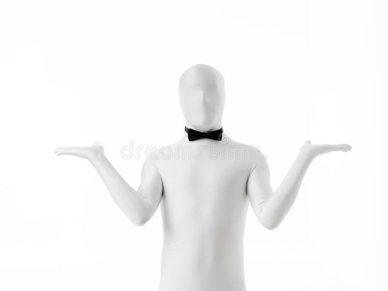 Cameriere bianco con fiocco nero su sfondo bianco.