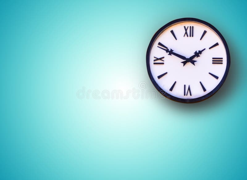 White Wall Clock on Blue Background. Stock Photo - Image of background
