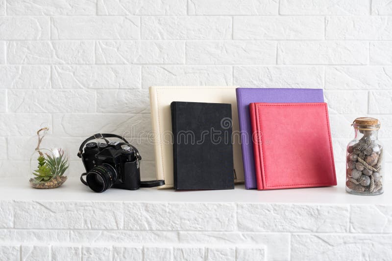 White Wall Interior with Decoration Book, and Plant Pots on the Shelf