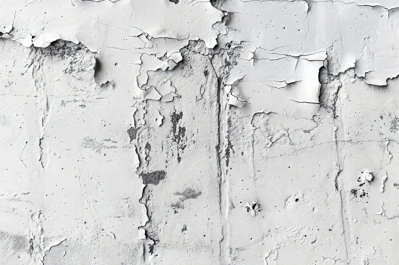 White wall with peeling paint and rough texture, detailed closeup of cracked white surface, abstract grunge background with royalty free illustration