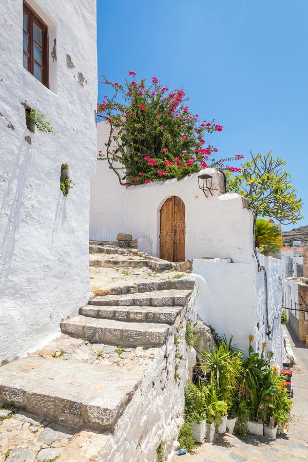 White Wall and Stone Staircase Stock Photo - Image of greek, flower ...