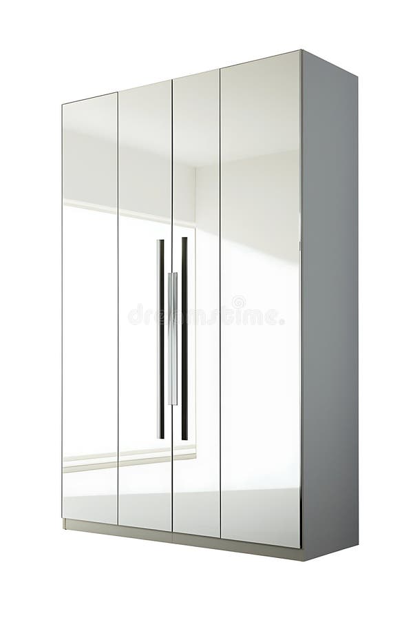 A white wardrobe with three doors and a mirror on the door stock illustration