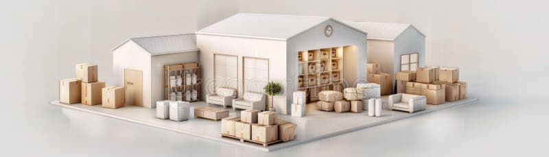 White warehouse with various boxes and packages, organized shelves, and storage units in a clean, minimalist setting vector illustration