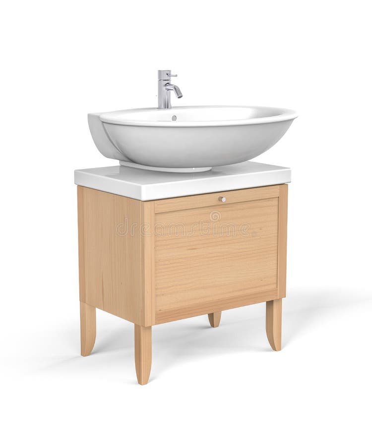 White Wash Basin with Tap Mounted on Wooden Stock Illustration