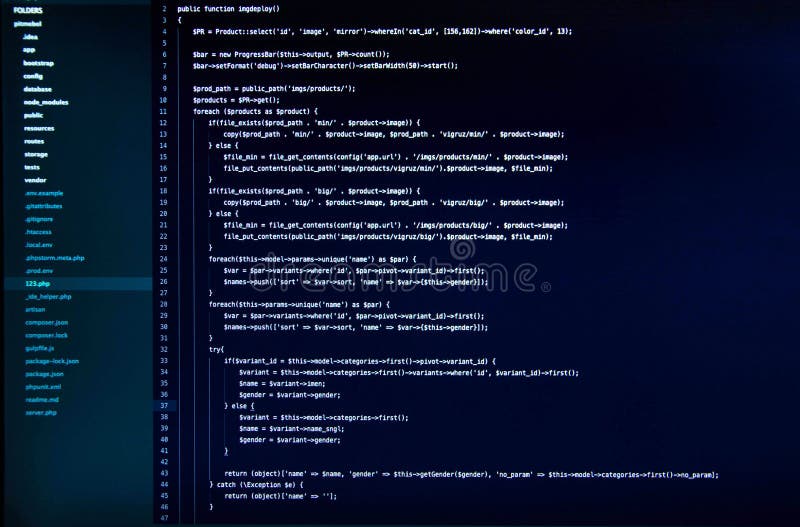 White web application code on the dark blue background front view. Source code script stock images, royalty-free photos and pictures