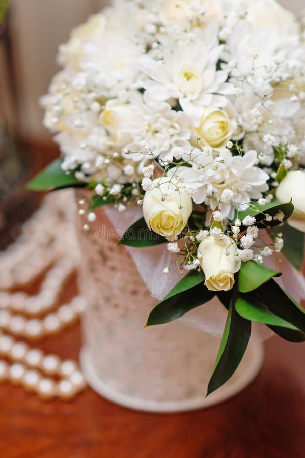 White Wedding Bouquet in a Vase on the Table Stock Image Image of