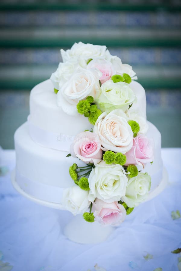 White Wedding Cake with Real Roses Stock Photo Image of romance