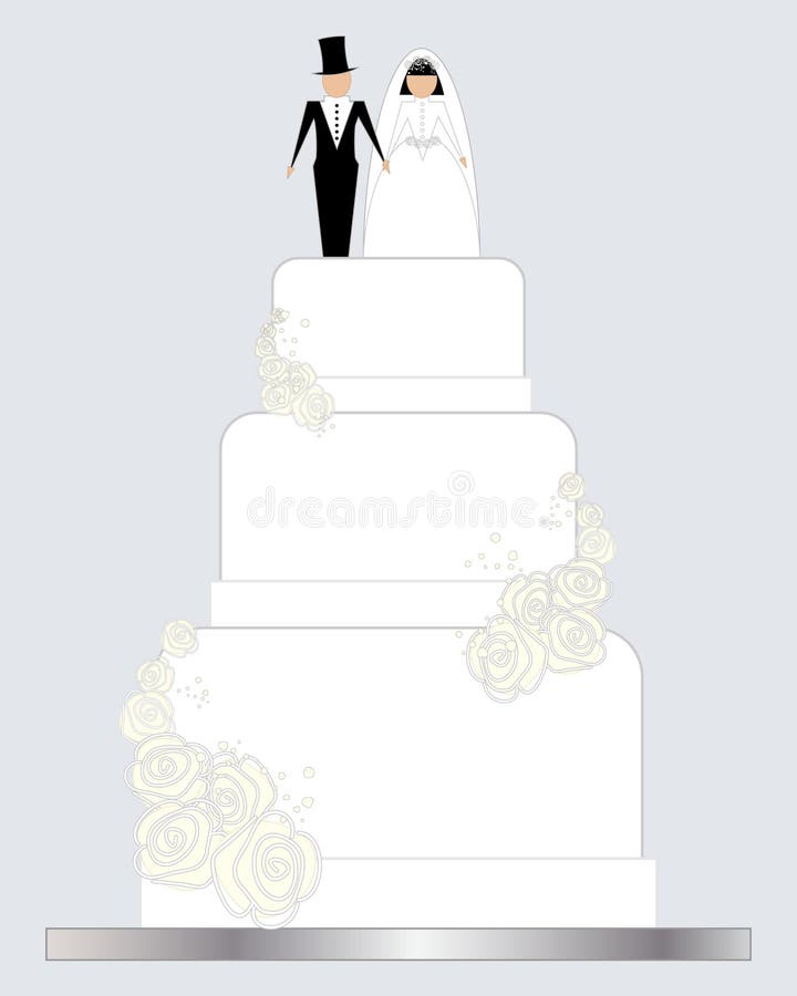 White Wedding Cake With Three Tiers On A Silver Board And Bride