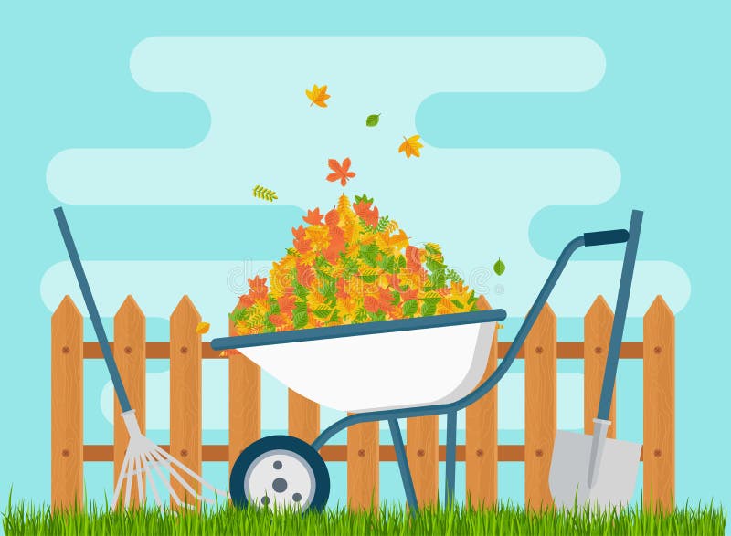White Wheelbarrow with a Bunch of Leaves Stock Vector - Illustration of ...