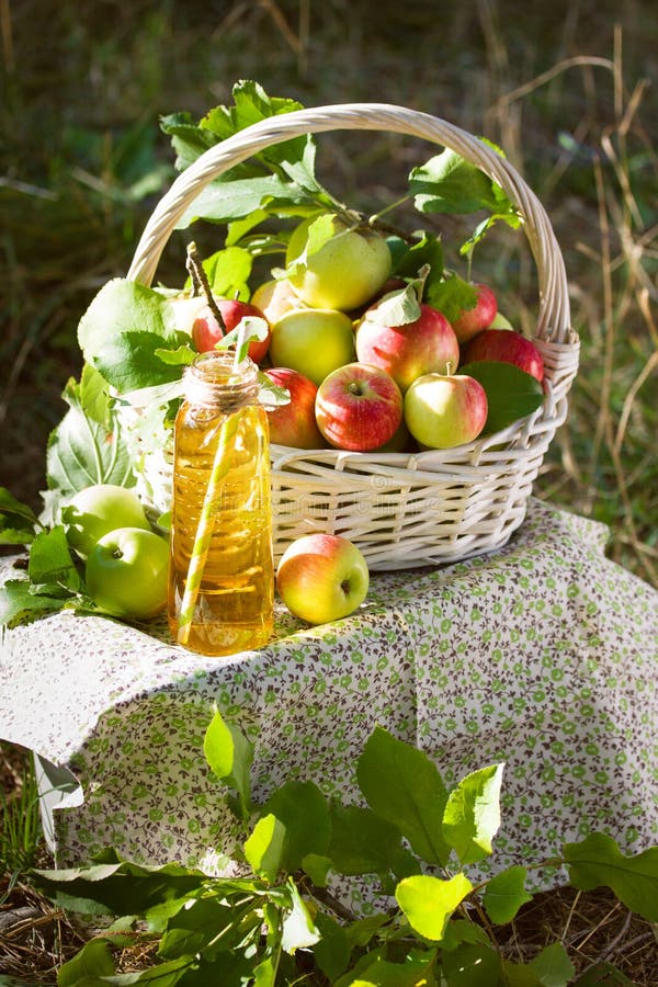 Basket With Apples Cider Juice Or Vinegar In Glass Bottle ...