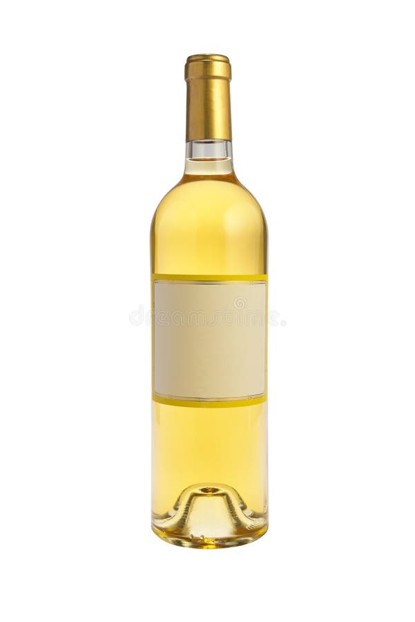 Bottiglia di vino bianco su sfondo bianco.