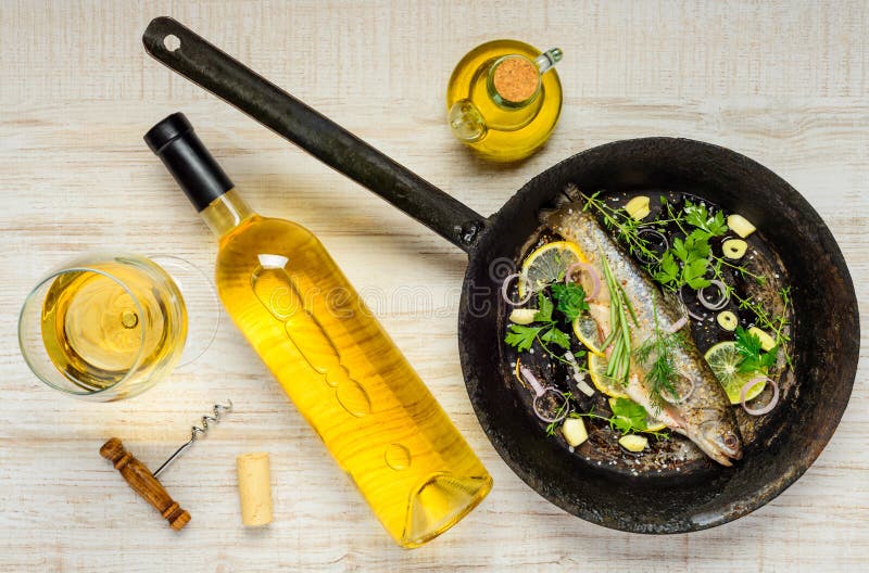 White Wine with Fish in Frying Pan Stock Photo Image of bottle