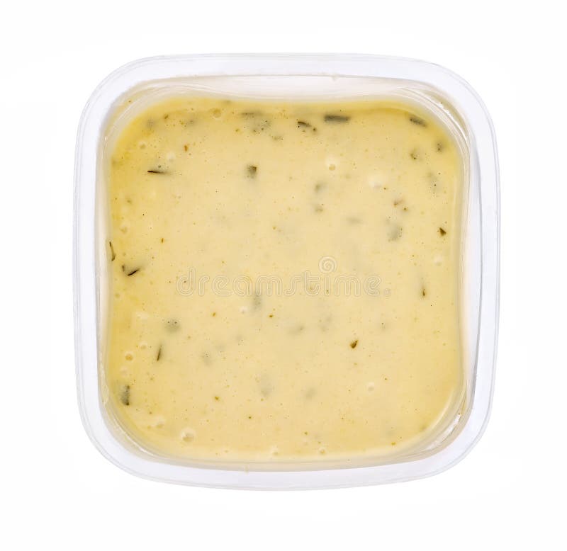 White Wine Sauce in Plastic Jar Isolated on White Background Stock