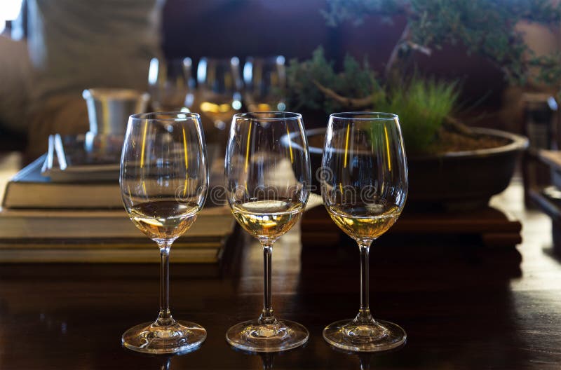 Set up of three glasses of white wine, Sauvignon Blanc and Chardonnay, for a wine tasting, South Africa. Set up of three glasses of white wine, Sauvignon Blanc and Chardonnay, for a wine tasting, South Africa.